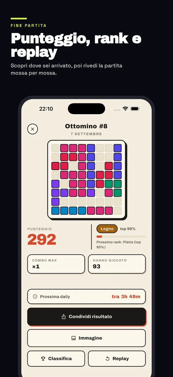 End of a run: score, rank and the move-by-move replay