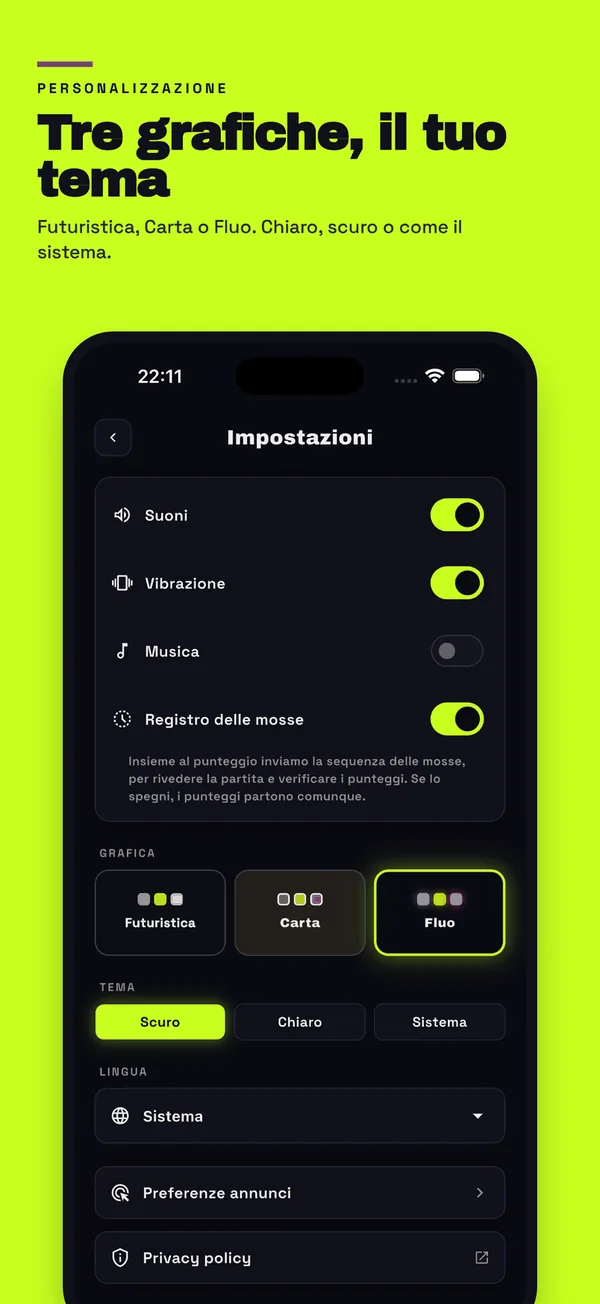 Settings: three looks, light or dark theme, sounds and music